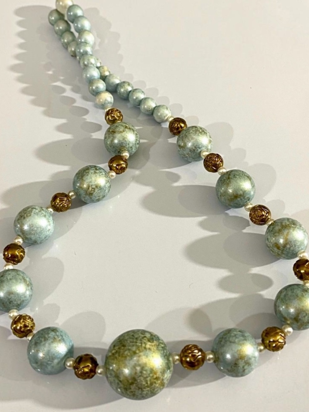 VINTAGE LARGE BEAD NECKLACE Pastel Sage Green Goldtone Floral Detail Spacers